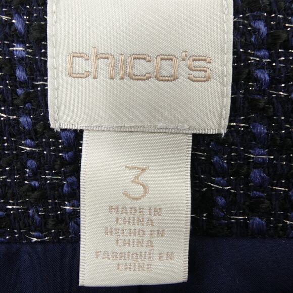 Chicos Shimmer Tweed Wool Jacket Size 3 XL Blue Faux Leather Trim Event Cocktail - Picture 5 of 6